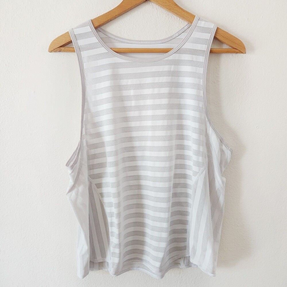 Lululemon White Mesh Cropped Running Striped Tank Top Shirt Size L? READ DESCRIP